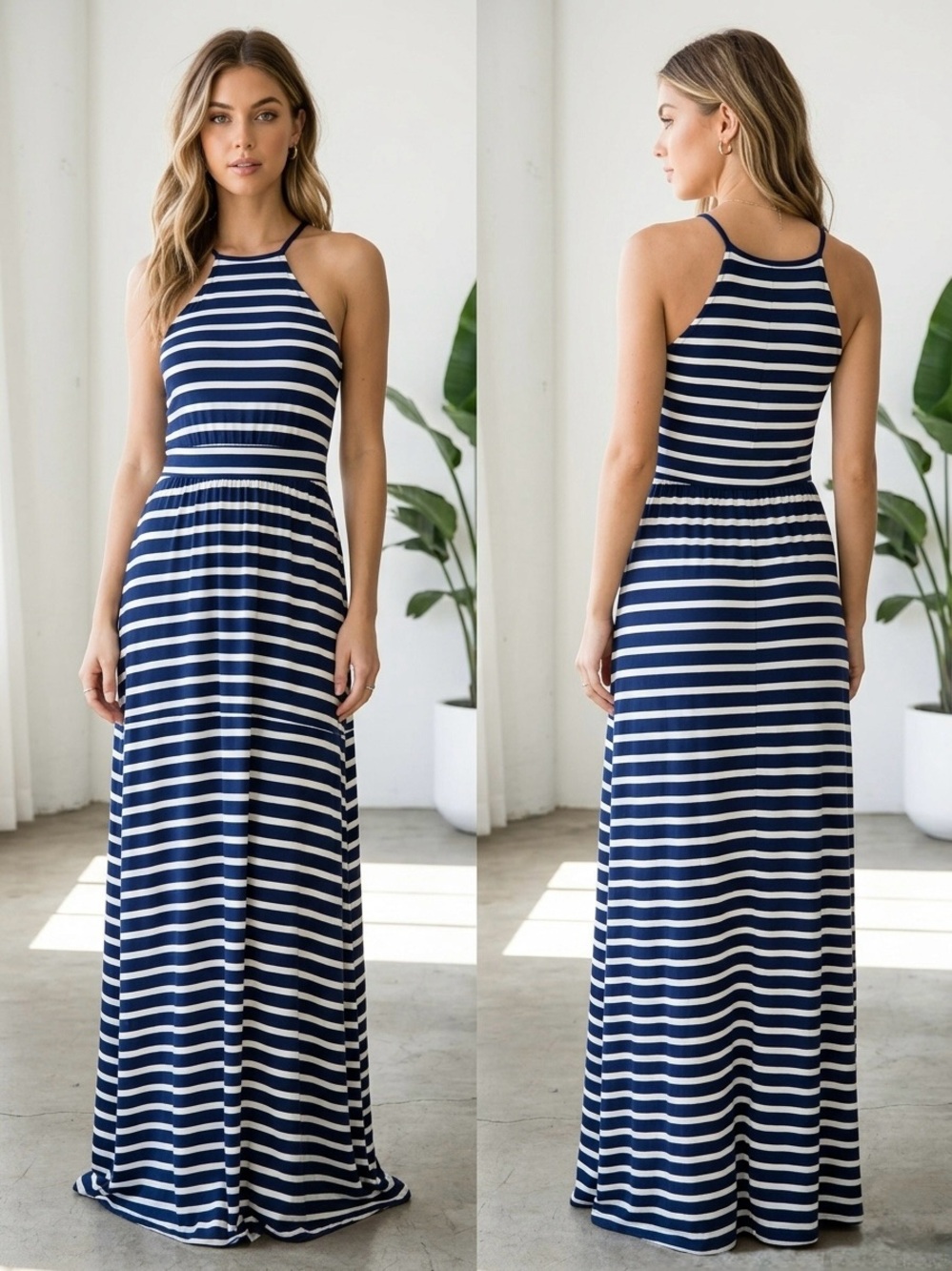 Old Navy Blue Striped Halter Maxi Dress